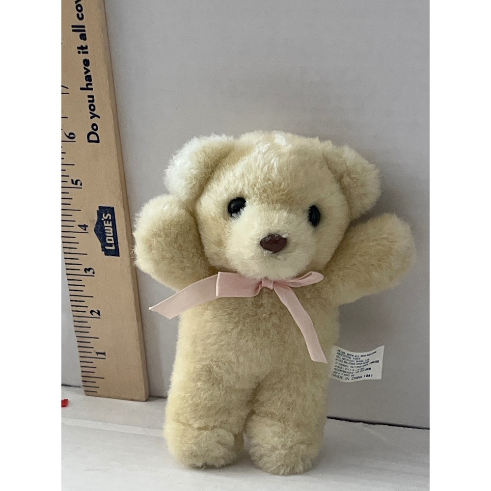 Vintage Dandee Cream Teddy Bear  Pink‎ Ribbon Bow Small 6 Inch Stuffed Animal